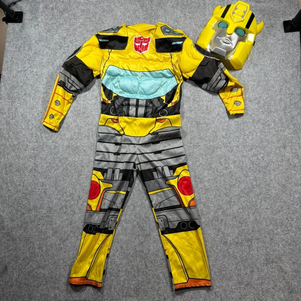 Transformers Boys Bumblebee Costume Small 4-6 Yellow Padded Muscle Jumpsuit Mask